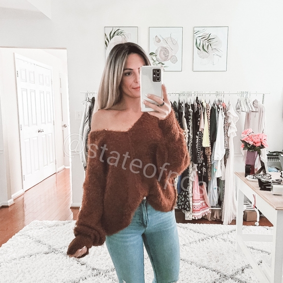 Free People Sweaters - Free people brown v neck fuzzy sweater NWT